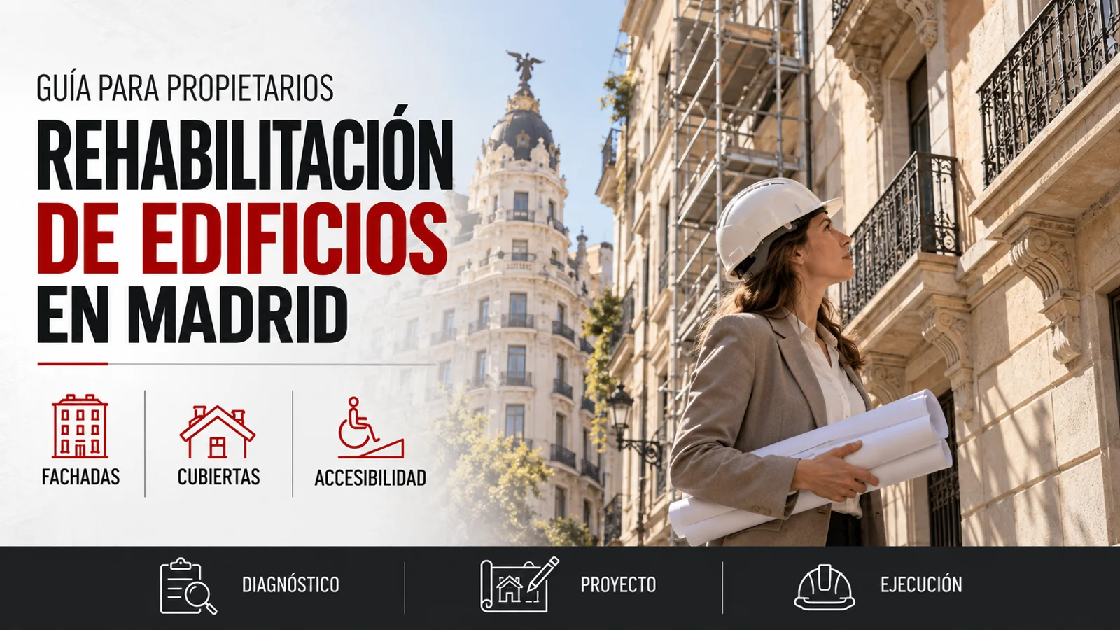 Ilustración de una profesional inspeccionando una fachada para la rehabilitación de edificios en Madrid