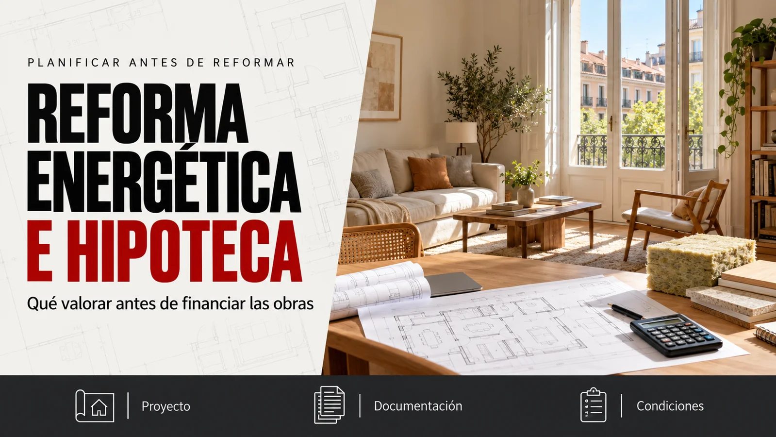 Reforma energética de vivienda: interior ilustrativo con planos, calculadora y muestra de aislamiento
