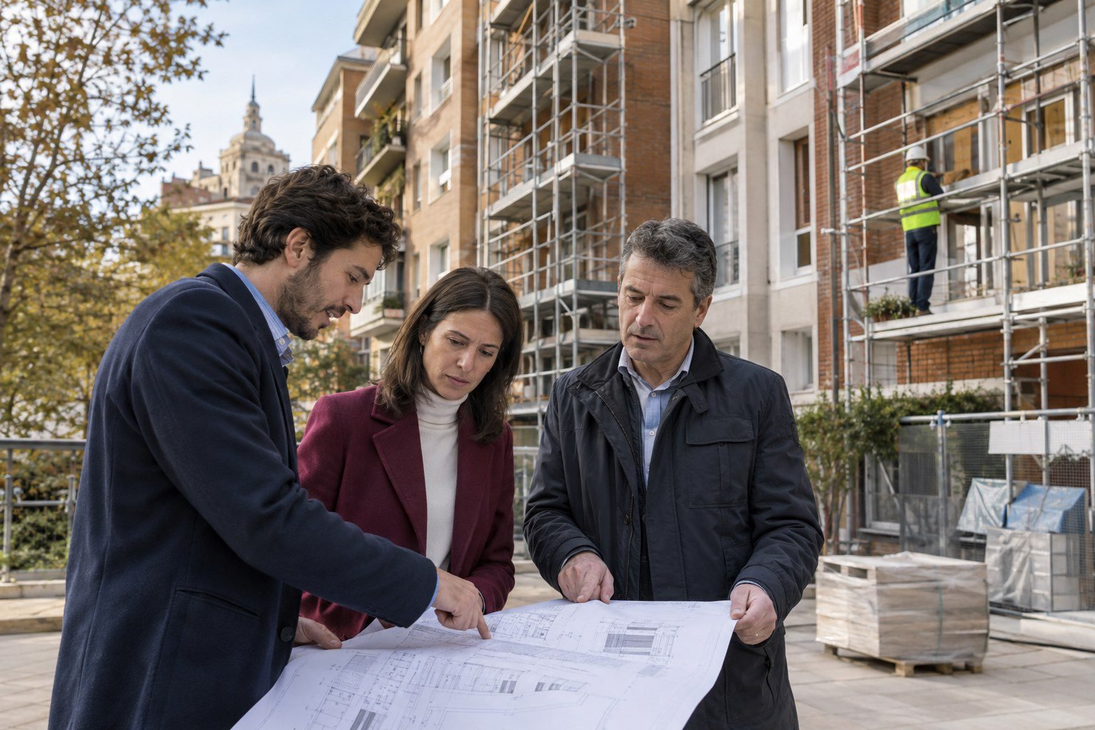 Cómo organizar la rehabilitación de una comunidad de vecinos en Madrid: fases, acuerdos y obra 1 Rehabilitación de comunidades en Madrid: técnicos planifican la obra de un edificio residencial